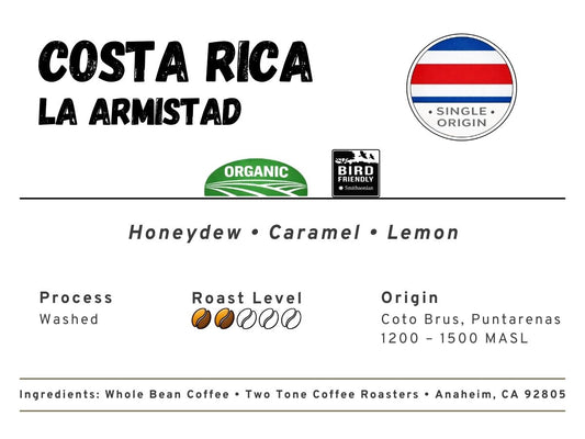 Coffee label for Costa Rica La Armistad coffee with branding and roast level information.