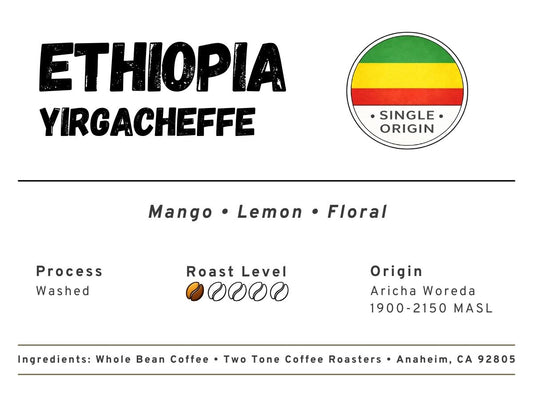 Coffee label for Ethiopia Yirgacheffe with coffee bean icon and text details.