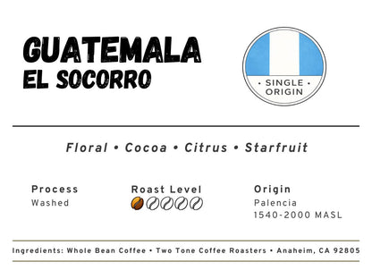 Coffee label for Guatemala El Socorro with coffee bean icon and text details.