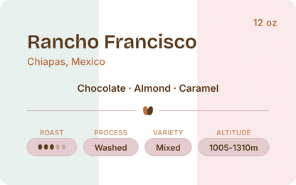 A product information card for Rancho Francisco coffee from Chiapas, Mexico. The card features a pastel background with vertical stripes of light green, white, and pale pink.